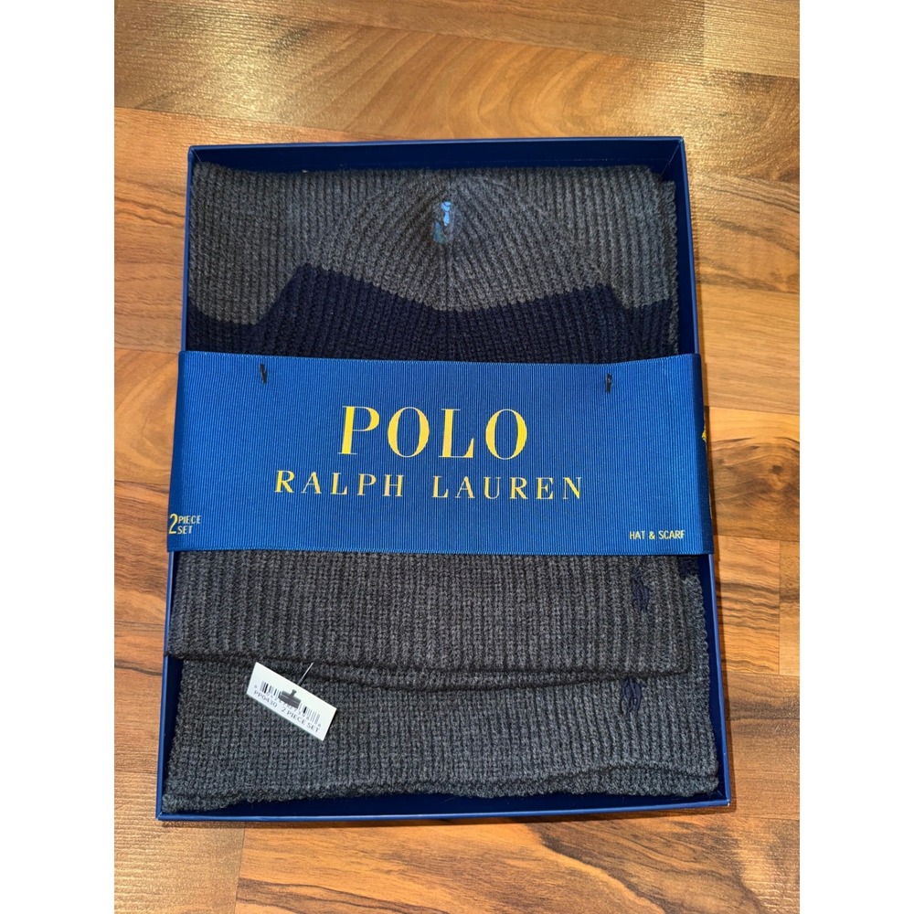 Polo Ralph Lauren Hat Scarf Set Mens OS Grey Navy NWT Ribbed Knit Gift Boxed